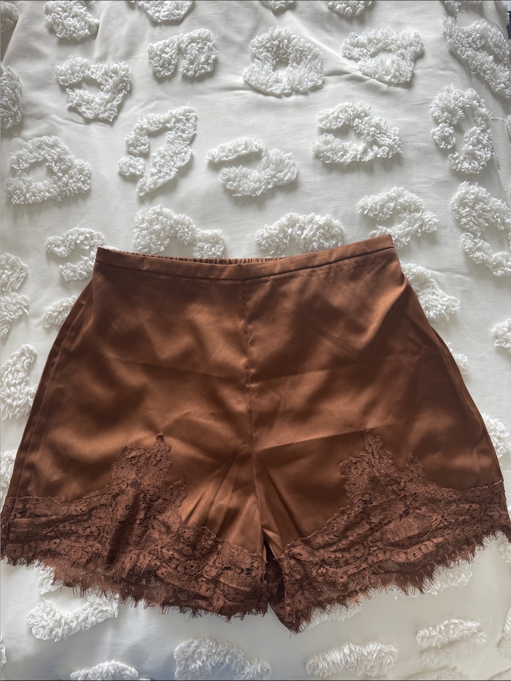 NWOT Women's Brown Lace-Trim Satin Shorts